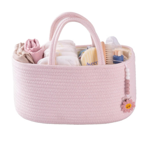 Baby Diaper Caddy Organizer for Girl Boy Rope Nursery Storage Bin Basket Portable Holder Tote Bag for Changing Table Car Travel Baby Shower Gifts Newborn Essentials Registry Must Have Items Pink