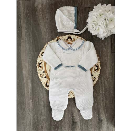 Cable Knit Suspenders Style With Ruffle Collar Baby Knitted Romper White and Dark Blue