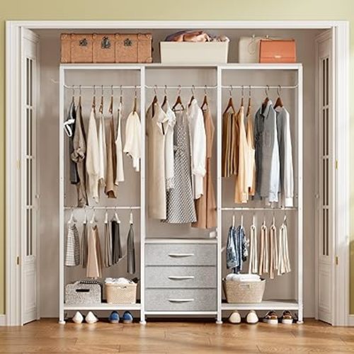 Garment Rack Heavy Duty Clothes Rack for Hanging Clothes, Freestanding Clothing Rack with 3 Fabric Drawers, Adjustable Closet Racks, Corner L Shaped Closet System Organizers, Gray & Light Wood Grain