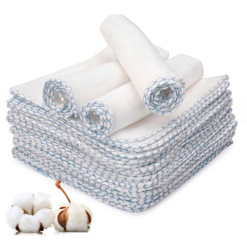 KABOER 20 Pcs Muslin Baby Washcloths, Cotton 6-Layer Wash Cloths for Sensitive Skin, 12"x12" Large, Ultra Soft and Absorbent Infant Essentials for Newborn and Toddlers, White with Blue Trim