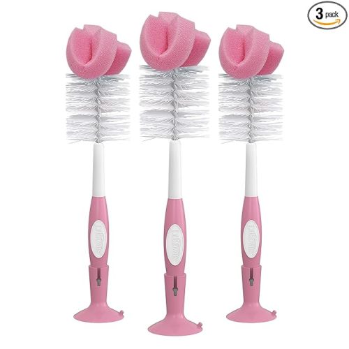 Dr. Brown's Reusable Sponge Baby Bottle Cleaning Brush Set with Suction Cup Stand, Scrubber and Nipple Cleaner, Pink, 3 Pack