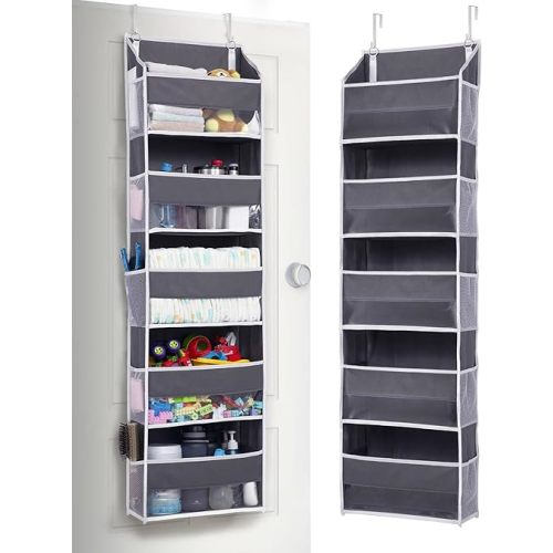 ULG 1 Pack Over Door Organizer with 5 Large Pockets 10 Mesh Side Pockets, 44 lbs Weight Capacity Hanging Storage Organizer with Clear Window Kids Toys, Shoes, Diapers, Dark Grey, 5 Layers