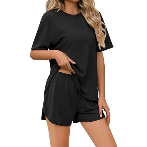 Ekouaer Pajama Set for Women Bamboo Viscose Pjs Set Ultra Soft Short Sleeve Sleepwear 2 Piece Lounge Sets S-XXL