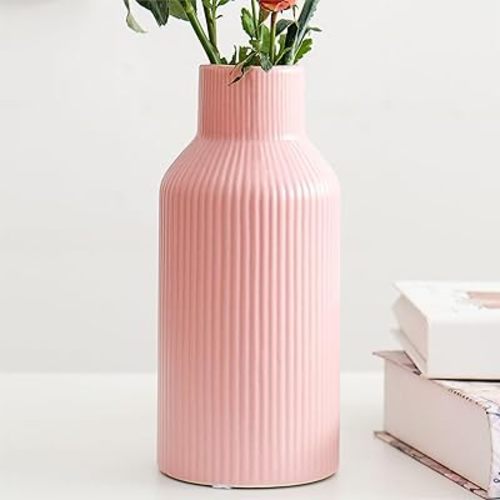 Bohemian Pink Ceramic Vase - for Pampas Grass, Mantel, Bookshelf, Entryway and Living Room Decor (Pink, 8in)