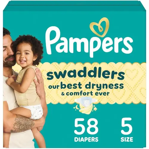 Pampers Swaddlers Diapers, Size 5 (20-37 lbs), 58 Count, Absorbent, Keeps Baby Dry and Comfortable, Skin Safe Disposable Baby Diaper (Packaging May Vary)