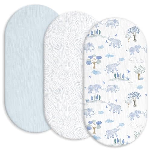 Gllquen Baby Muslin Bassinet Sheets 3 Pack, Breathable Elastic Cozy Fitted Cotton Bassinet Mattress Sheet for Baby Boy Girls, Fit for Hourglass Oval Rectangular Cradle Pad Sheets 33"x17" (Light Blue)