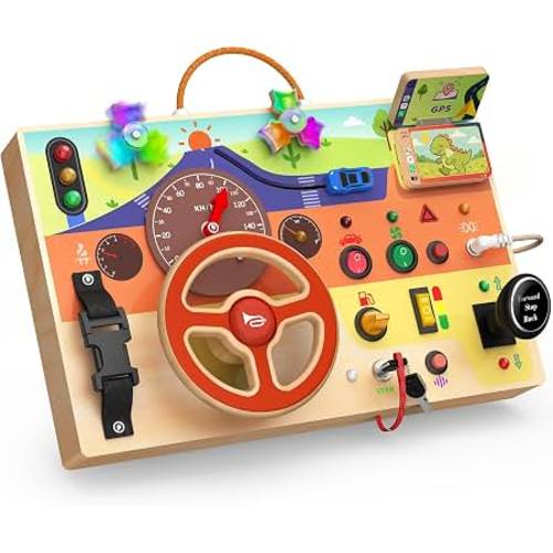 Amazon.com: UdoUto Montessori Wooden Busy Board with Steering Wheel & Driving Toys | Sensory Activity Boards for Toddlers 1-3, Car Themed Fidget Toy, Lights, Switches & Windmill Spinner