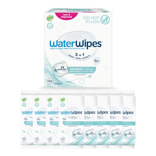 WaterWipes Sensitive+ On The Go Wipes, 3-In-1 Cleans, Cares, Protects, 99.9% Water, Unscented & Hypoallergenic Wet Wipes, 224 Count (8 Packs)