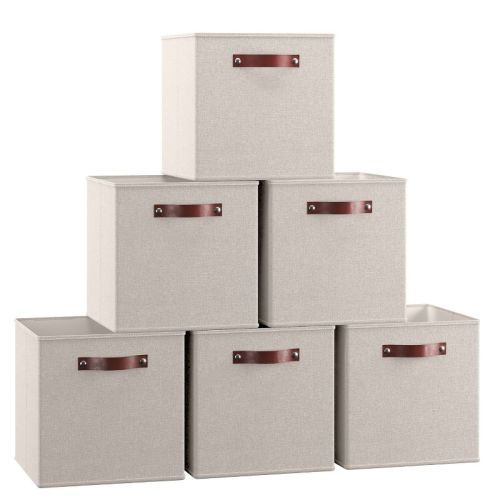Ornavo Home 6 Pack Linen Fabric Storage Cube Bin with Faux Leather Handles