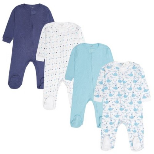 Everyday Kids 4-Pack Baby Boy Sleepers with Zippers – Soft Cotton Footed Pajamas in Blue Solids, Stars, and Whales Playing in the Ocean