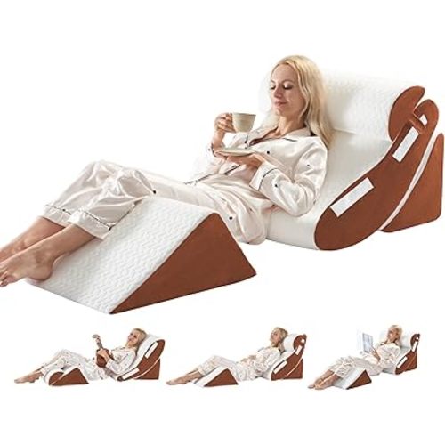 Orthopedic Bed Wedge Pillow Set 4PCS – Memory Foam Pillows for Sleeping, Post Surgery, Back Pain, Sitting Up in Bed, Acid Reflux, Snoring, Leg & Arm Support, White Brown