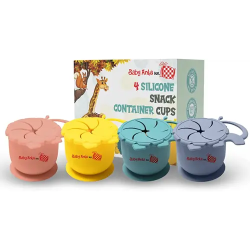 Baby Ante MLS Snack Cups for Toddlers Set of 4 – Food Grade Silicone Toddler Snack Containers for Travel, Teething – Cute Colors Spill Proof Cups for Kids – Easy to Clean and Strong Suction Bottom