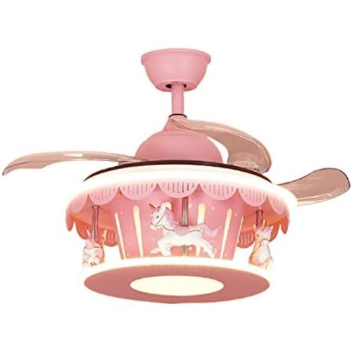 Cartoon Pink Ceiling Fan with Lights Kids LED Ceiling Lamp Creative Carousel with Invisible Blades Close to Ceiling Lighting for Living Room Bedroom