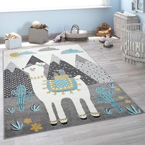 Paco Home Kid´s Rug for Nursery, Llama, Mountains, Children's Motif in Grey Blue Cream, Size: 4' x 5'3"