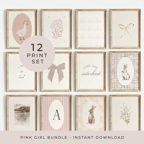 Pink Girl Nursery Gallery Wall Set Pink Girls Room Prints Set Girls Vintage Poster Baby Girl Nursery Art Flowers Girl Room Art Goose Prints