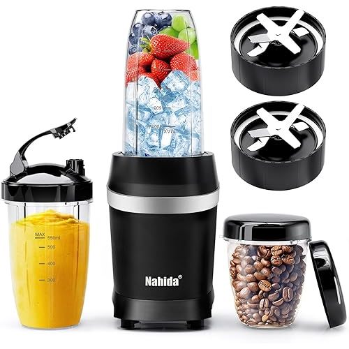 Nahida Blender for Smoothies, 1200W Smoothie Blender for Ices Crushing, Blenders with (2) 6-Fin Blades, Personal Blenders for Kitchen with 23oz, 32oz, 37oz Easy Go Cups for Juices, Black