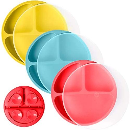 WeeSprout Suction Plates with Lids for Babies & Toddlers | 100% Silicone | Plates Stay Put with Suction Feature | Divided Design | Microwave & Dishwasher Safe | 3 Pack