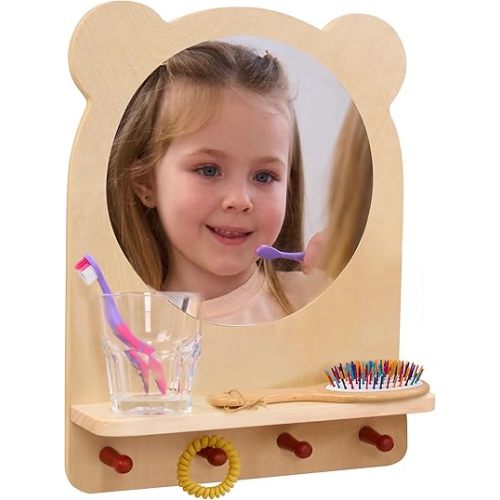 ODOXIA Toddler Self Care Station | Montessori Shelf with Hooks and Mirror | Montessori Bathroom Station | Mirror with Shelf and Hooks | Bathroom Organizer for Kids | Encourage Independence