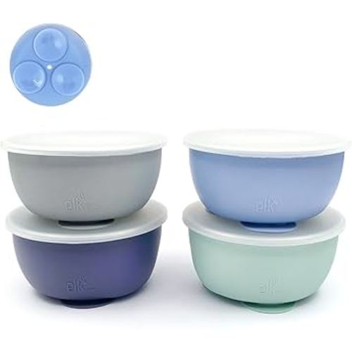 Elk and Friends Stainless Steel Bowls with Silicone Sleeve for Babies & Toddlers | Lids Included | Stay Put Suction | Cereal & Snack Bowls | 4 Pack