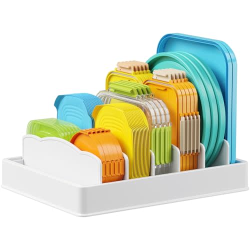 Lifewit Kitchen Cabinet Organizer for Food Contanier Lid with 7 Sections | Lid Holder with 6 Adjustable Dividers for Pantry Organizers and Storage, Home Drawer Organization, White, Large, 13" x 10"