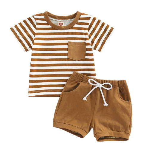 Xudanell Boy Baby Clothes Plaid Top with Embroidered Pockets Elastic Waist Short Set Suits for Boys Brown 6-12 Months