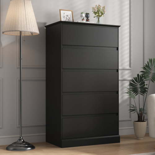 5 Drawer Dresser Black Bedroom Dresser Tall Dresser, Modern Storage Cabinet Minimalist Chest of Drawers with Solid Base for Living Room Dressing Room Entryway