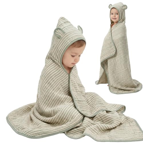 Ultra-Soft Muslin Toddler Hooded Towel – 55 x 28 Inches, Made with Organic Cotton, Gender-Neutral Sage Green Striped Jacquard Pattern, Ideal for Bath & Beach, Newborn to Toddler