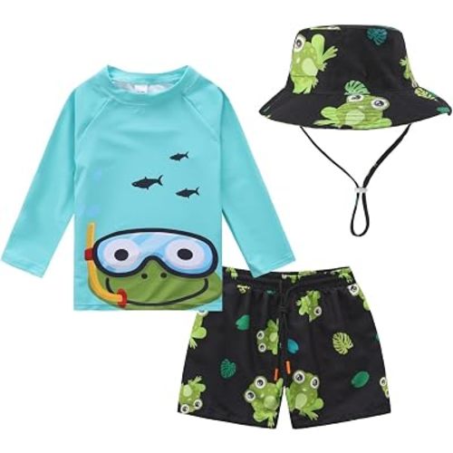 Baby-Boys Toddler Long Sleeved Rashguard Swim Bathing Suit and Sun Hat Set