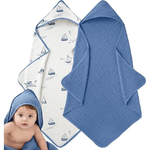 Muslin Hooded Baby Towels for Newborns, 32"x32", 100% Cotton – 6 Layers Super Soft Absorbent Breathable, Baby Bath Towel, Toddler Bath Towel – Pack of 2