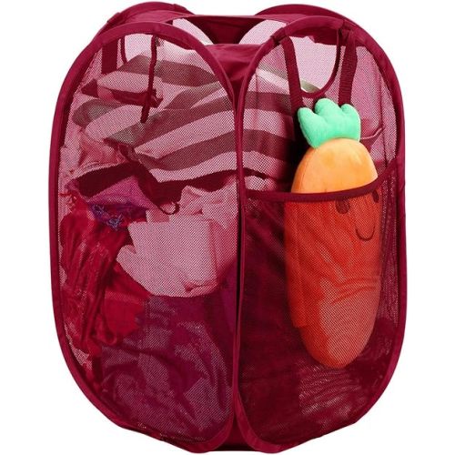 Strong Mesh Pop-up Laundry Hamper, Quality Laundry Basket with Durable Handles Solid Bottom High Carbon Steel Frame, Easy to Open and Fold Flat for Storage (Red)