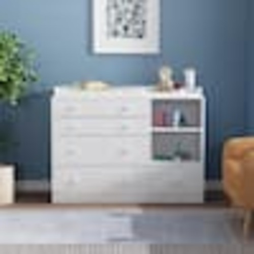 FUFU&GAGA 5-Drawers White Wood Chest of Drawers Dresser Vanity Table Storage Cabinet with Shelf 36.1 in. H x 47.2 W x 19.7 D KF200066-01-xin