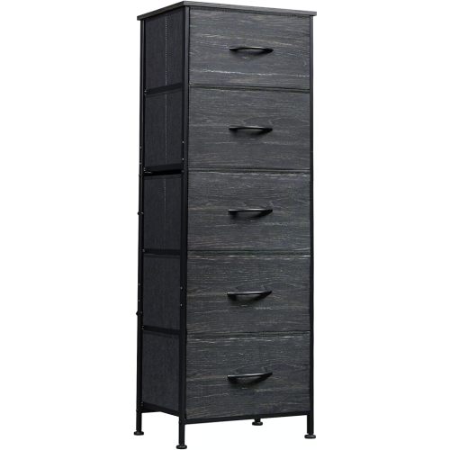 WLIVE Fabric Dresser, 5-Drawer Tall Dresser for Bedroom, Storage Dresser Organizer with Fabric Bins, Wood Top, Sturdy Steel Frame, Chest of Drawers for Closet, Hallway, Charcoal Black Wood Grain Print