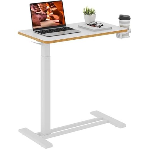 Medical Overbed Adjustable Bedside Table with Hidden Casters, Pneumatic Mobile Rolling Laptop Standing Desk with Tray for Home and Hospital Use, White