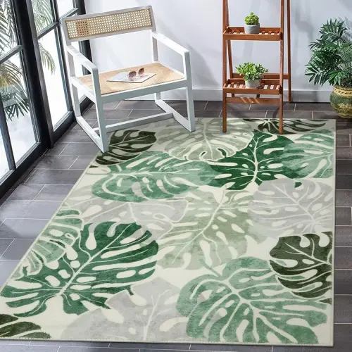 Wonnitar Monstera 3x5 Washable Rug, Sage Green Leaf Area Rugs for Bedroom, Non-Slip Living Room Entry Throw Mat, Low Pile Faux Wool Indoor Carpet for Kitchen Bathroom Office