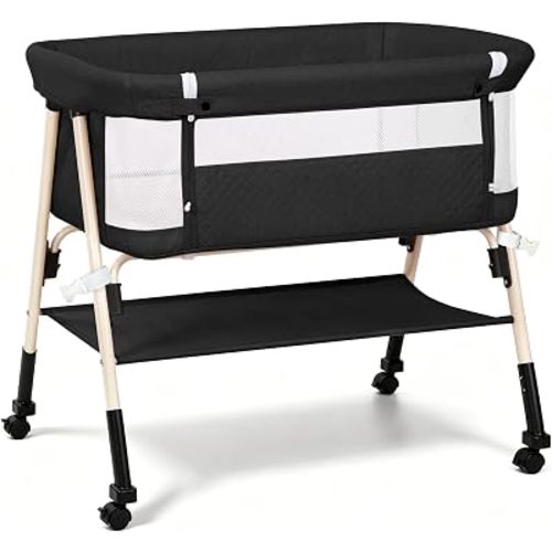 Baby Bassinet, 3-in-1 Baby Bassinets Bedside Sleeper for Newborn with Breathable Mesh, Portable Baby Crib with 4- Adjustable Height, Mattress, Storage Basket & Lockable Wheels, CPSC Black