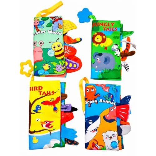 AIM Soft Cloth Baby Books 4-Pack for Babies 0-12 Months, Crinkle Touch & Feel Sensory Books with Teether & Textured Tails, Easy-Clean Infant Learning Toys for Newborn Boys & Girls