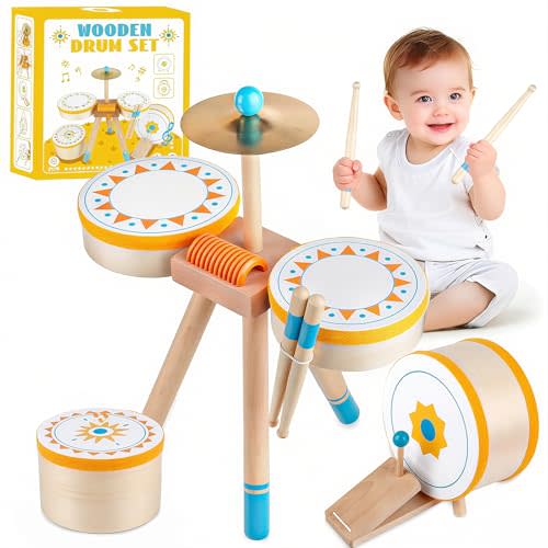Wooden Drum Set Toy Kids Wooden Jazz Drum Montessori Musical Instruments | Musical Percussion Instruments for Kids Montessori Educational Musical Toys, Gifts for Girls Boys