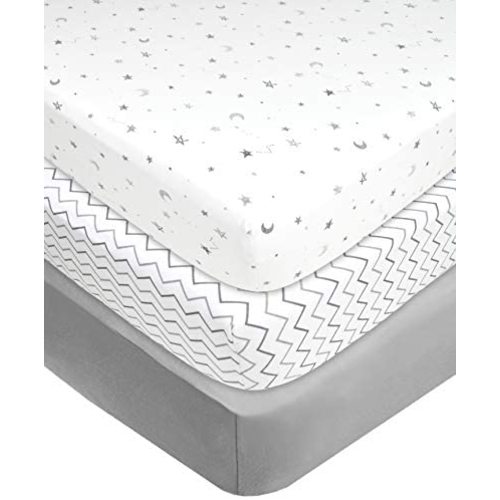 American Baby Company 100% Natural Cotton Value Jersey Knit Fitted Portable/Mini-Crib Sheet, Grey Star/Zigzag, 24" x 38" x 5", Soft Breathable, for Boys and Girls, Pack of 3