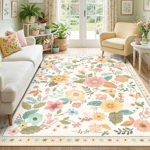 RELEANY Floral Nursery 5x7 Area Rugs Washable Print Boho Cute Carpet Non Slip Flower Low Pile for Living Room Kids Girls Playroom Bedroom Kitchen Office Farmhouse-Beige/White/Orange