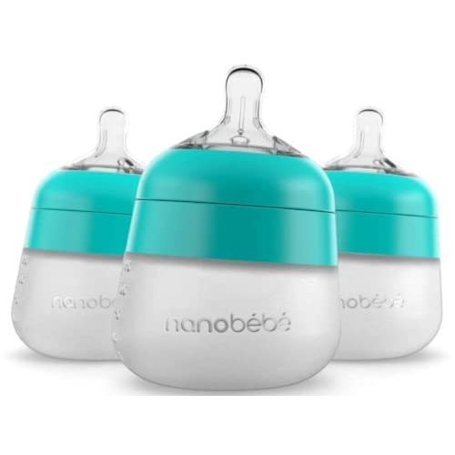Nanobébé Flexy Silicone Baby Bottle, Anti-Colic, Natural Feel, Non-Collapsing Nipple, Non-Tip Stable Base, Easy to Clean 3-Pack, Teal, 5 oz