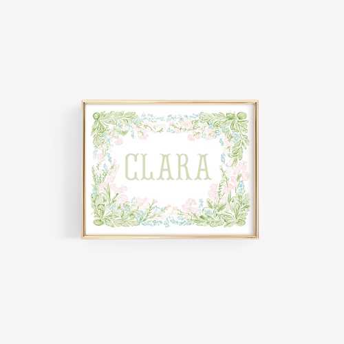 Personalized Floral Name Nursery Wall Art, Custom Baby Girl Monogram Print, Pink Green Vintage Floral Girls Room Decor, Grandmillennial Art