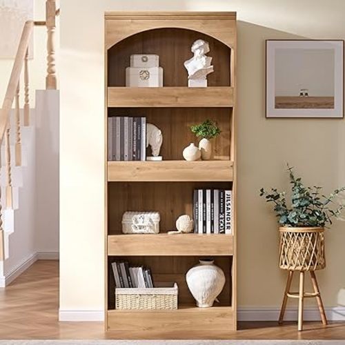 IFBUY Arched Bookshelf w/Secret Magnetic Compartment, Arch Bookcase with Pull-Out Drawers, Modern 76" Tall 4-Tier Book Shelf, Wood Storage Cabinet Organizer for Living Room, Office (Natural)