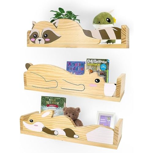AceList Nursery Book Shelves, 16.5 Inch Forest Animal 3-Pack Floating Shelves for Wall Kids, Wall Book Shelves for Bedroom Kids, Toddler Room, Baby Room, Nursery Decor with Raccoon, Fox and Bear