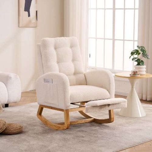 Accent Rocking Chair with Footrest & Storage Pocket, Rubber Wood Lounge Chair with High Back for Bedroom, Nursery, Living Room, Beige - ModernLuxe