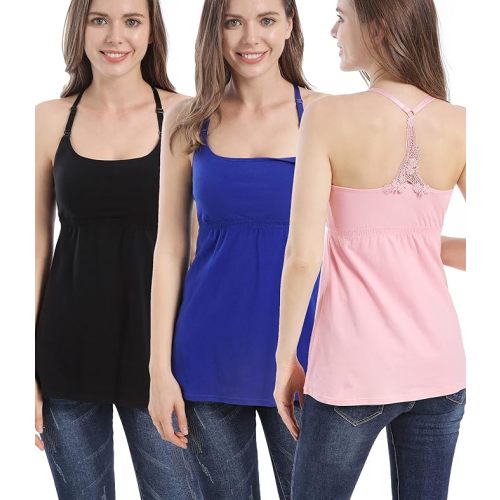 SUIEK 3 Pack Maternity Nursing Tank Tops with Bralette Cotton Breastfeeding Camisole