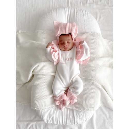 Pink and white frill newborn announcement full length romper