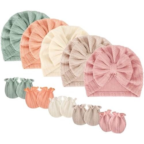 BQUBO Baby Turban Hats Mittens Set Baby Beanie Caps Infant Baby Hat with Bows No Scratch Mittens for Baby Girls Boys