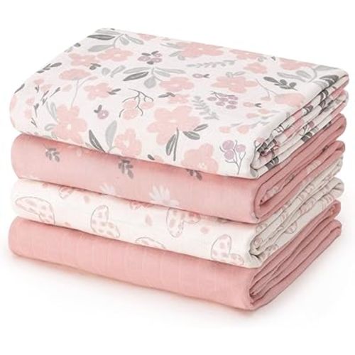 david's kids Muslin Swaddle Blankets, 4 Pack Organic Cotton Baby Blankets, Breathable Soft Receiving Blanket for Boys Girls, Newborn Essentials, Large 47 x 47 inches, Heart & Floral