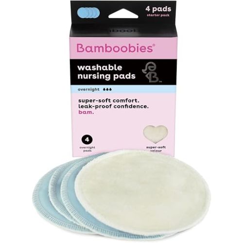 Bamboobies Reusable & Washable, Ultra-Absorbent Overnight Nursing Pads for Breastfeeding, Super Soft Rayon Made From Bamboo, Milk Proof Liner, Natural, 2.4 Oz, 4 Count
