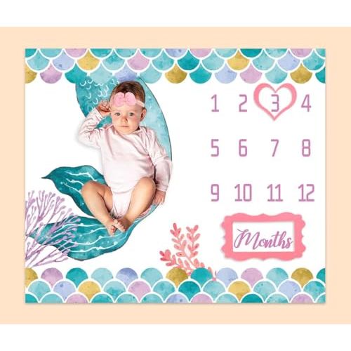 Mermaid Baby Monthly Milestone Blanket, Teal Mermaid Tail Personalized Growth Chart Blanket Baby Pictures, 48"x40" Photography Backdrop 1 to 12 Months Include 4 Frames, 1 Headband BTXTPH598